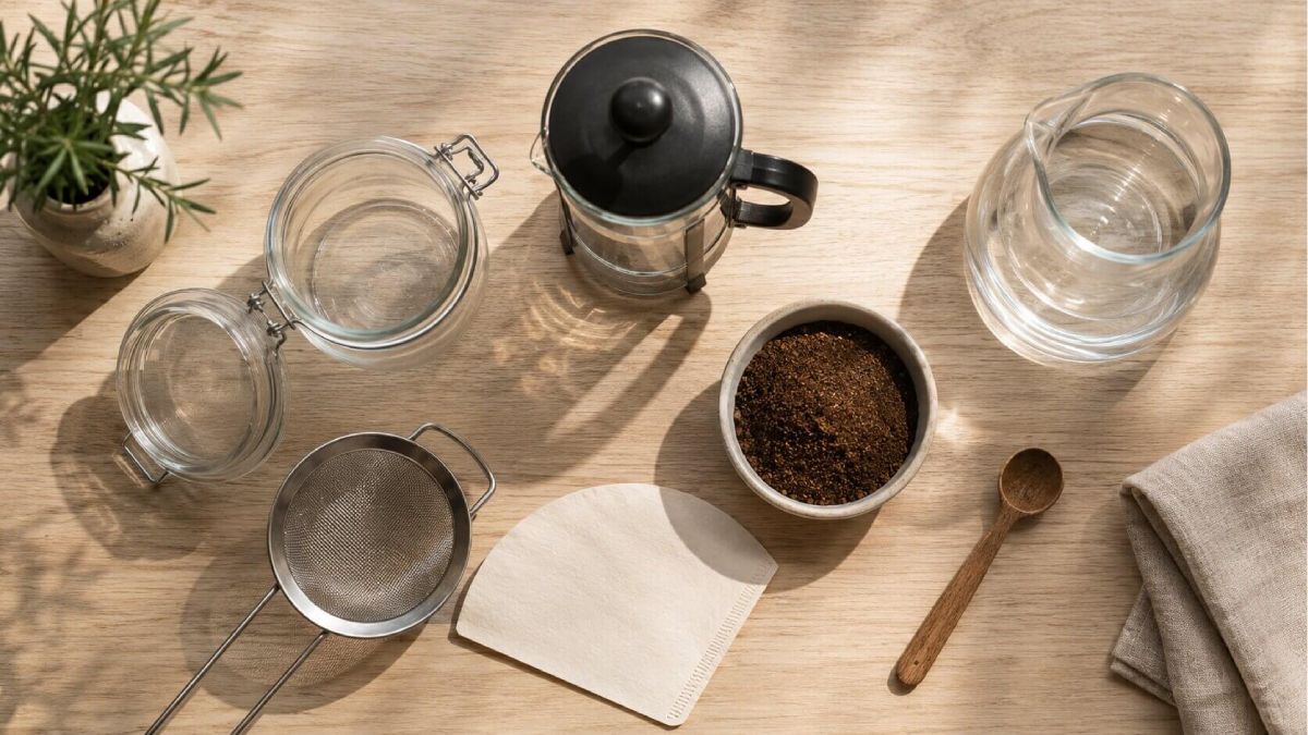 Pomôcky na domácu prípravu Cold Brew: uzatvárateľné nádoby, french press, sitko, papierový filter, nahrubo pomletá káva a nádoba s vodou