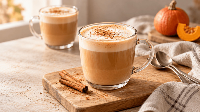 Pumpkin spice latte v sklenenom hrnčeku s tekvicou a škoricou